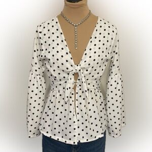 Polka Dot Trumpet Sleeve Knot Front Peplum Blouse